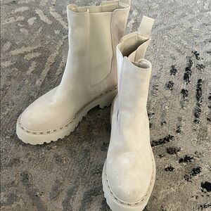Vince Camuto Cream Suede Lug Chelsea Boots with Stud Trim